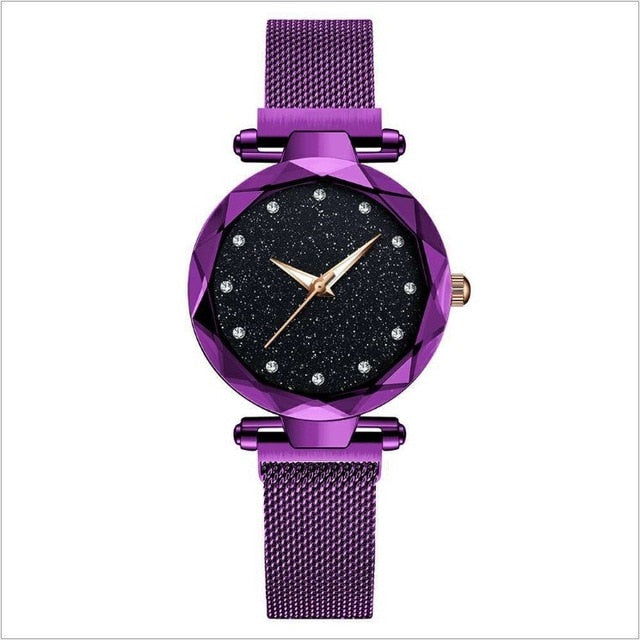 Luxury Women Watch Fashion Elegant Magnet Buckle Vibrato Purple Ladies Wristwatch Starry Sky Roman Numeral Gift Clock