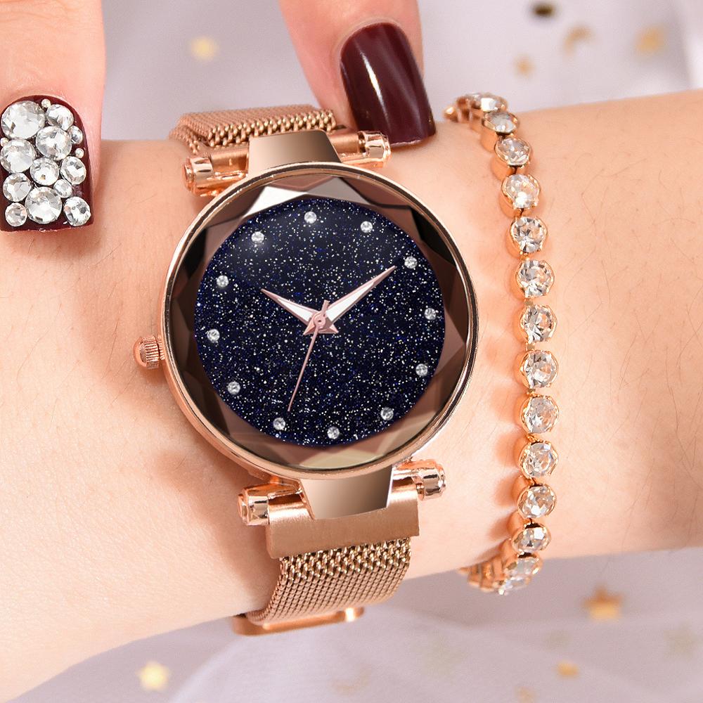 Luxury Women Watch Fashion Elegant Magnet Buckle Vibrato Purple Ladies Wristwatch Starry Sky Roman Numeral Gift Clock